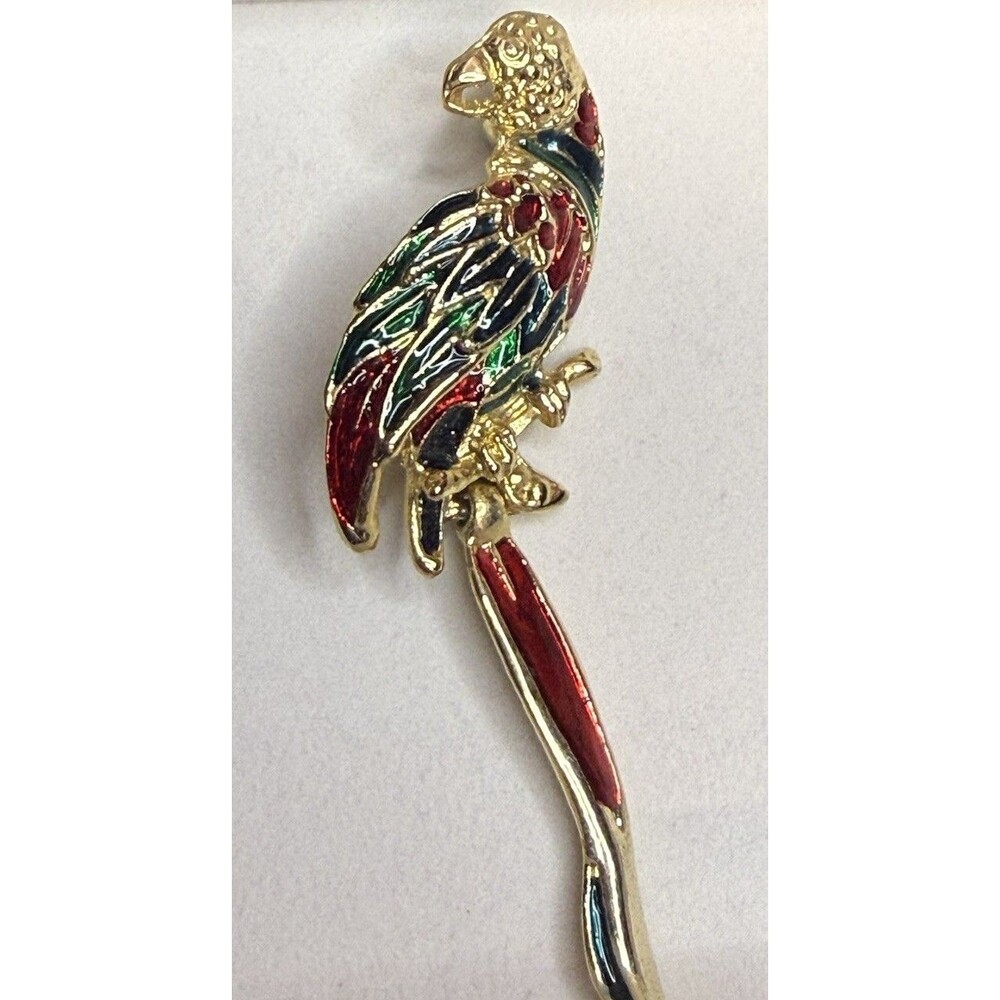 Vintage Large Parrot Brooch Enamel Red Green Blue Gold Tone W Moving Tail